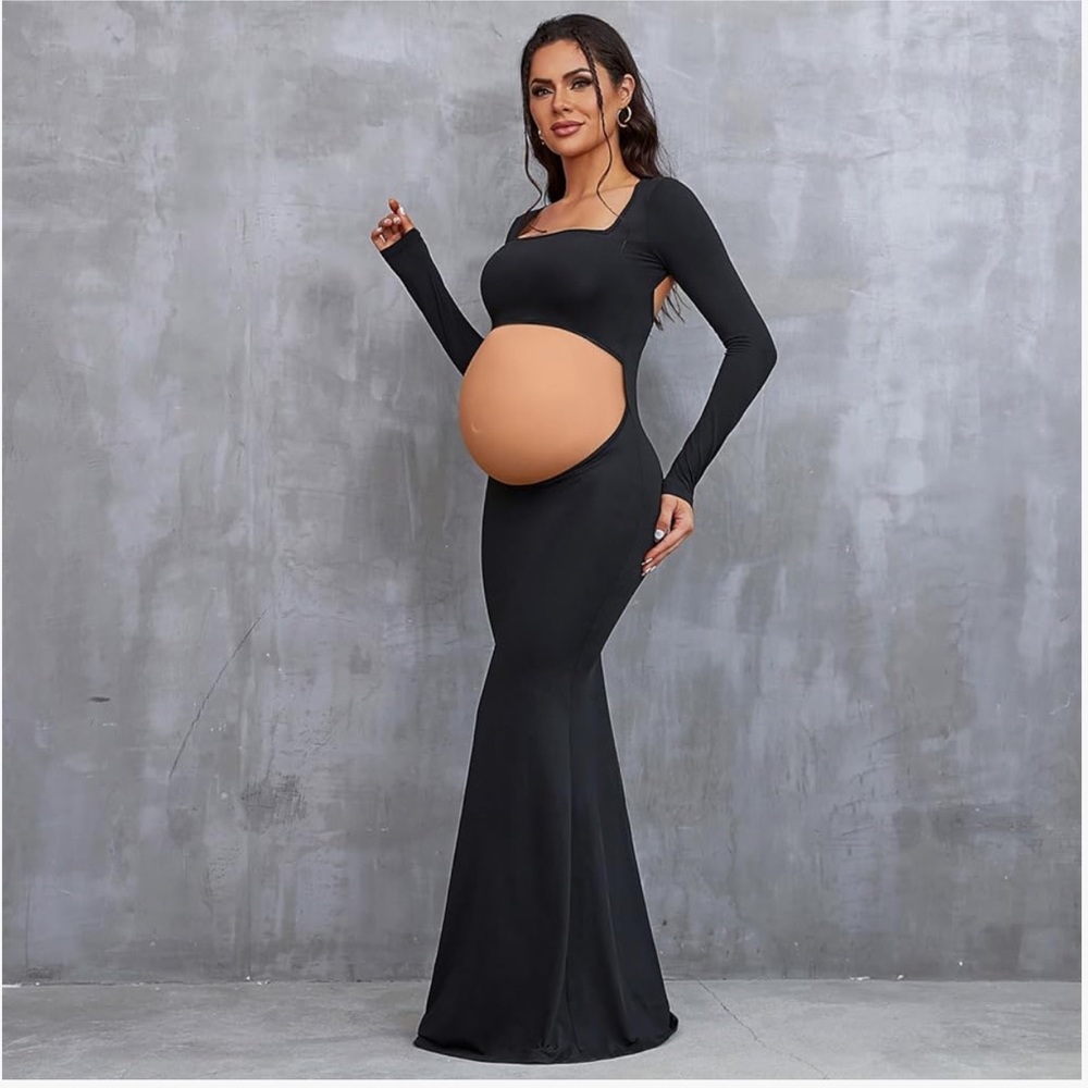 Black Maternity Maxi Dress with Long Sleeves - Elegant Pregnancy Gown